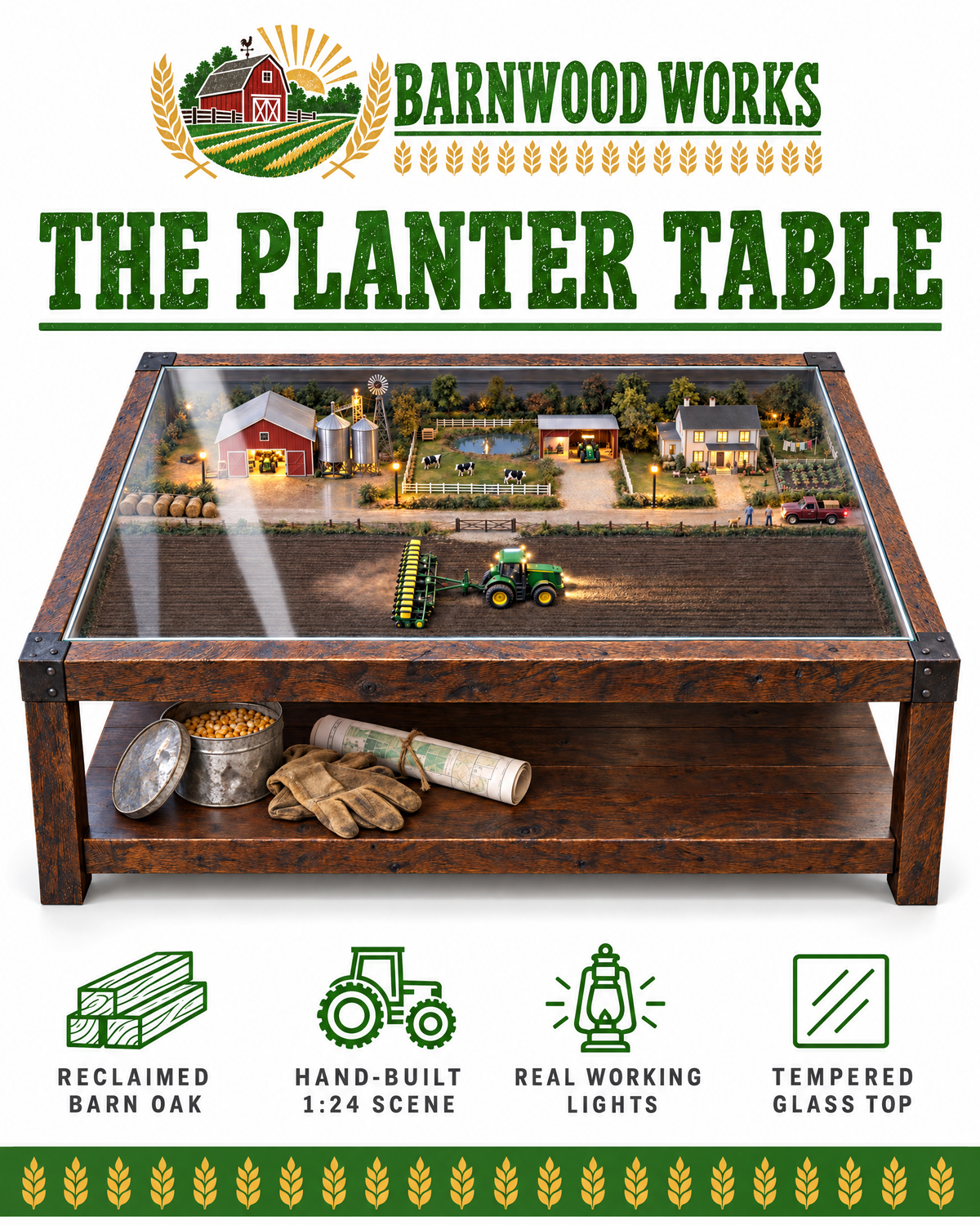 The Planter Table features: reclaimed barn oak, hand-built 1:24 scene, real working lights, tempered glass top