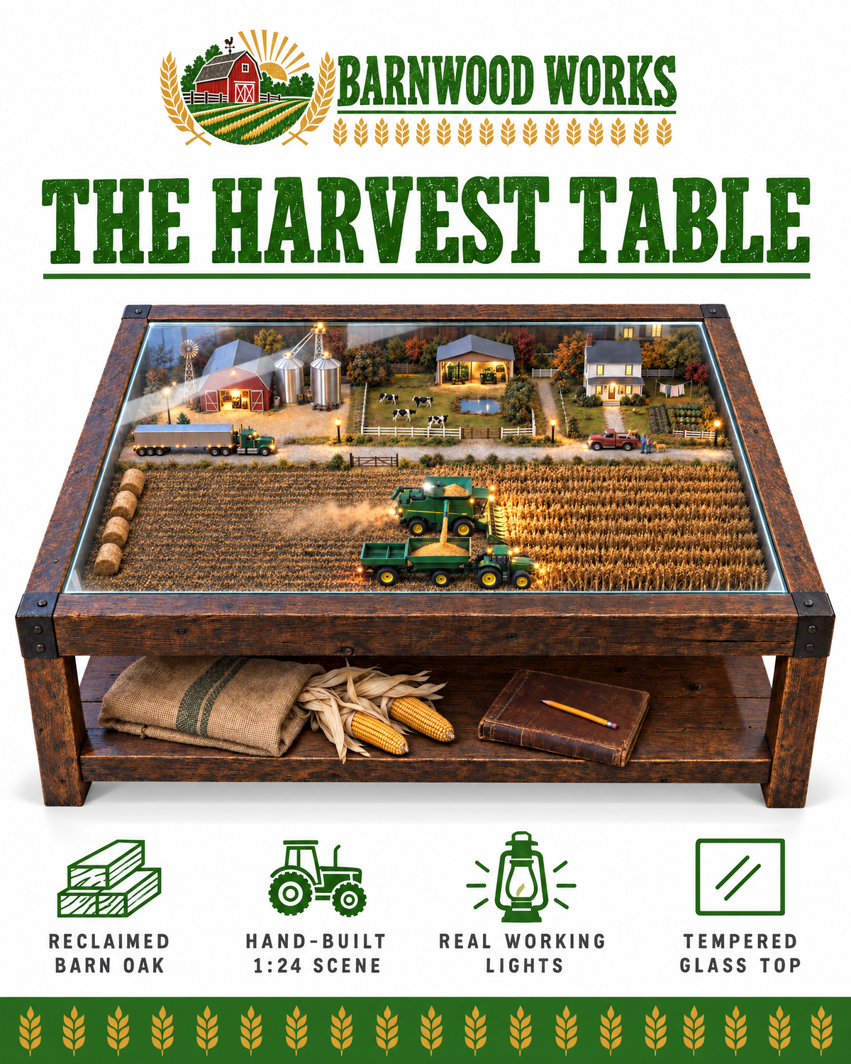 The Harvest Table features: reclaimed barn oak, hand-built 1:24 scene, real working lights, tempered glass top