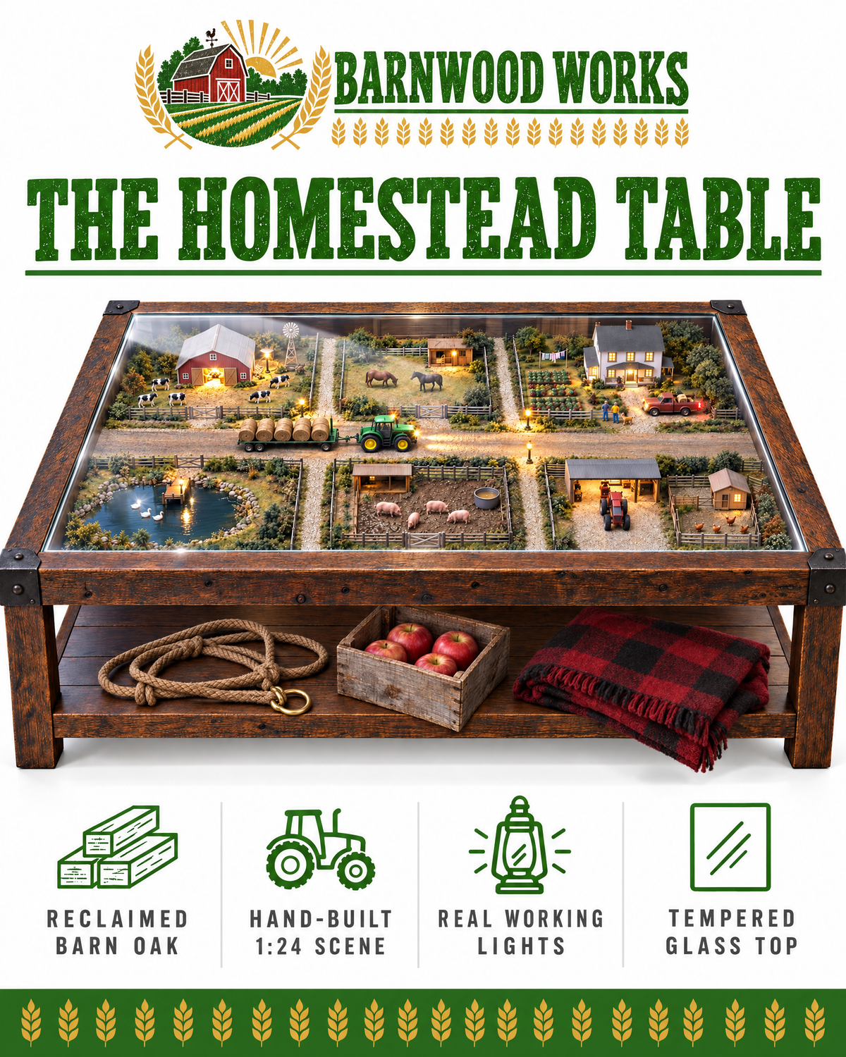 The Homestead Table features: reclaimed barn oak, hand-built 1:24 scene, real working lights, tempered glass top